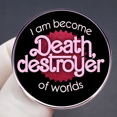 Alloy Enamel Pin Round Badge With Pink Glitter Star Pattern I Am Become Death Destroyer Of Worlds Quote Decorative Brooch For Bag Clothes