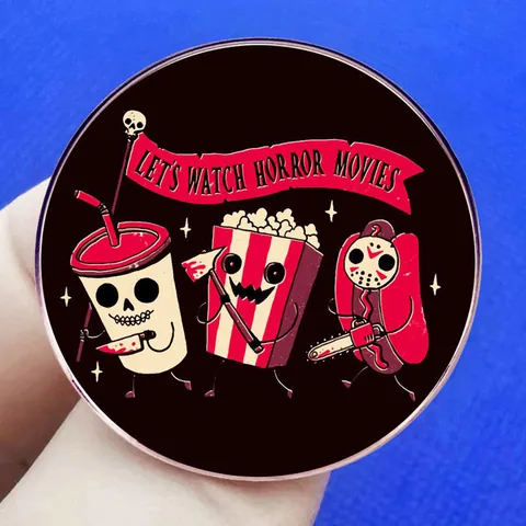 Let's Watch Horror Movies Round Alloy Brooch Halloween Cartoon Snack Popcorn Soda Hot Dog Lapel Pin For Backpack Jacket Jewelry Accessories