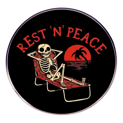 Cartoon Humorous Rest In Peace Skull Enamel Pin Alloy Round Skeleton Beach Chair Brooch Badge For Clothing Backpack Accessory