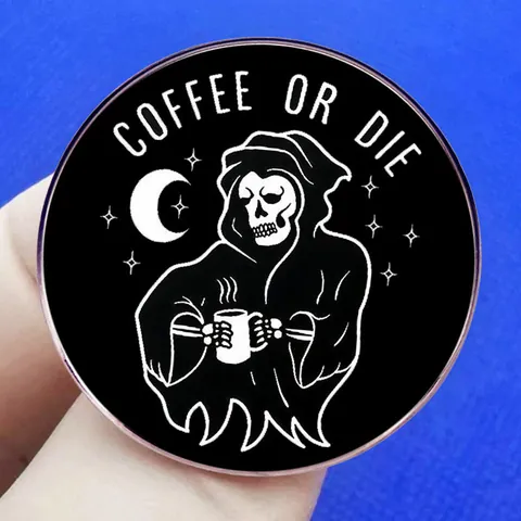 Funny Grim Reaper Drinking Coffee Enamel Pin Coffee Or Die Round Alloy Brooch Badge For Clothes Bags Backpacks Accessories
