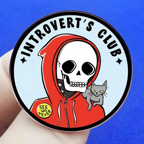 Introvert's Club Skeleton Cat Enamel Pin Round Alloy Badge Brooch For Backpack Clothing Accessories