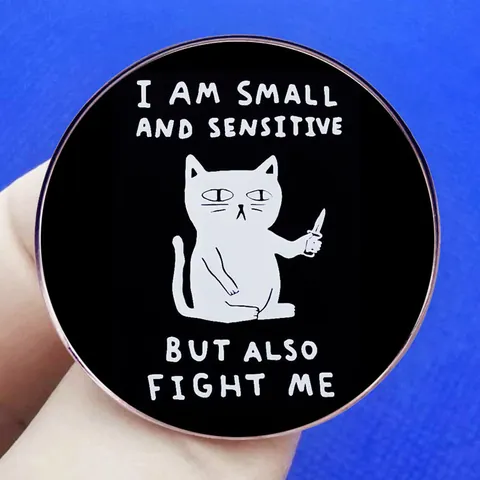 Funny Cartoon Black Cat With Knife Enamel Brooch Pin I Am Small And Sensitive But Also Fight Me Metal Badge Accessory