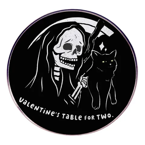 Valentine's Day Gothic Grim Reaper Holding Black Cat Enamel Pin Circular Alloy Brooch Badge For Clothes Bag Jewelry Gift