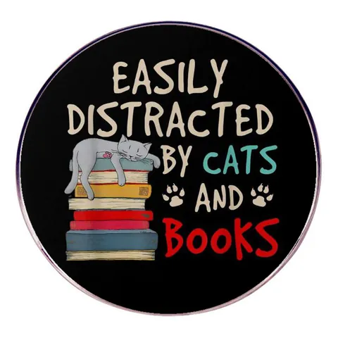 Easily Distracted By Cats And Books Enamel Pin Round Alloy Badge For Cat Lovers Bookworms Reading Enthusiasts Gift Brooch