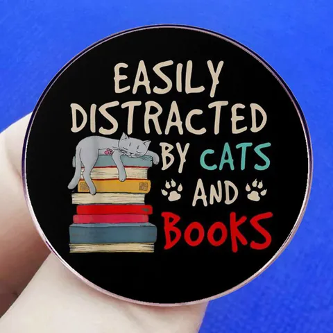 Easily Distracted By Cats And Books Enamel Pin Round Alloy Badge For Cat Lovers Bookworms Reading Enthusiasts Gift Brooch