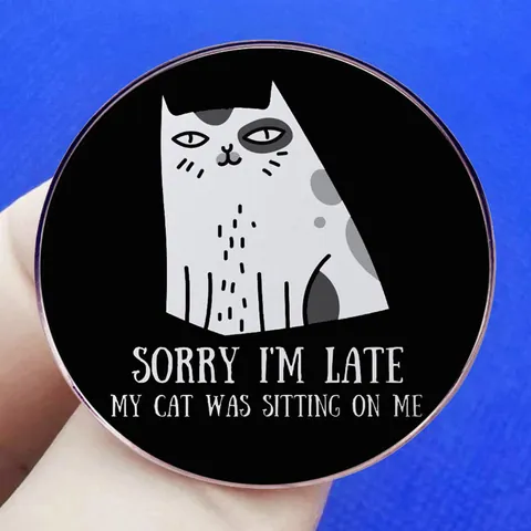 Divertente Spilla in Lega Sorry I'm Late My Cat Was Sitting On Me Umorismo Gatto Cartone Animato Pin Smalto Distintivo per Vestiti
