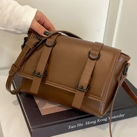 Dames Vintage PU Leer Messenger Tas Retro Vierkante Schoudertas Met Klep Dubbele Gesp Verstelbare Riem Reizen Satchel