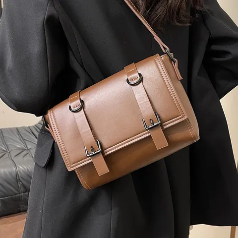 Dames Vintage PU Leer Messenger Tas Retro Vierkante Schoudertas Met Klep Dubbele Gesp Verstelbare Riem Reizen Satchel