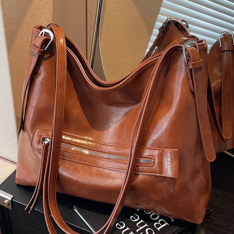 Borsa Tote in Pelle PU Vintage di Grande Capacità per Donna Borsa a Tracolla Minimalista Sottobraccio Borsa a Mano Chic da Pendolare