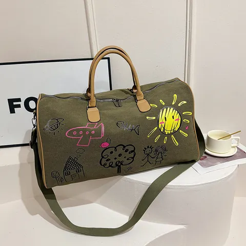 Grote Capaciteit Canvas Reistas Cartoon Graffiti Print Handtas Schouder Weekend Duffel Tas Voor Heren Vrouwen Vakantie Gym