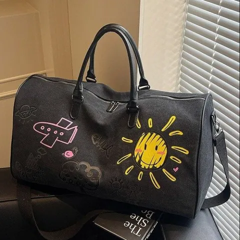 Grote Capaciteit Canvas Reistas Cartoon Graffiti Print Handtas Schouder Weekend Duffel Tas Voor Heren Vrouwen Vakantie Gym