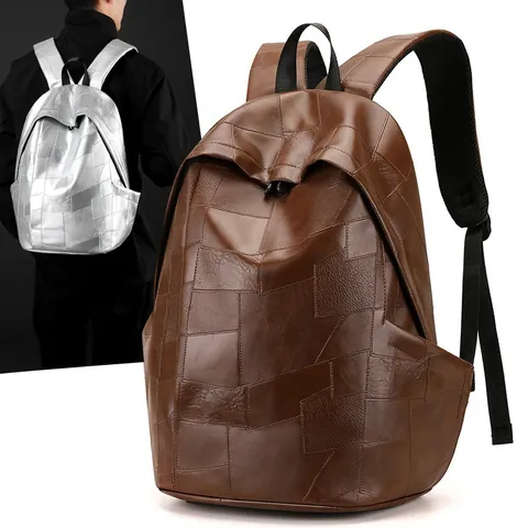 Large Capacity PU Leather Backpack For Men Minimalist Patchwork Schoolbag Waterproof Travel Bag Casual Student Rucksack
