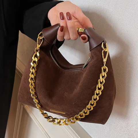 Damen Wildleder PU Hobo Tasche Mit Goldener Kette Vintage Halbmond Achsel Schultertasche Für Den Täglichen Gebrauch Umhängetasche
