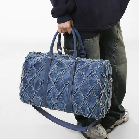 Grote Capaciteit Denim Reistas Voor Heren Dames Vintage Gerafelde Diamant Rooster Katoen Canvas Sporttas Met Schouderband
