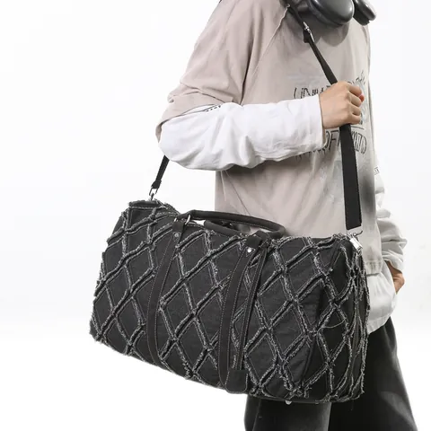 Grote Capaciteit Denim Reistas Voor Heren Dames Vintage Gerafelde Diamant Rooster Katoen Canvas Sporttas Met Schouderband