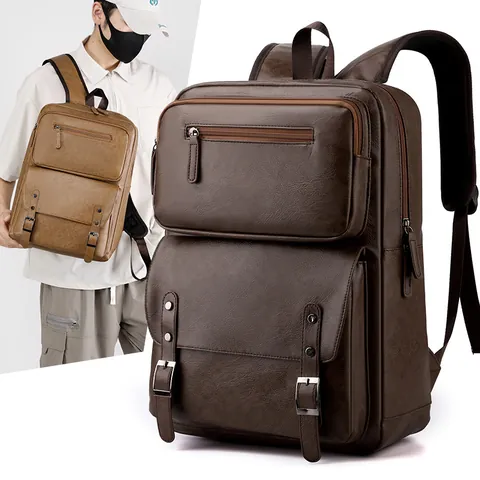 Men Business Travel Backpack PU Leather Large Capacity Waterproof Laptop Bag Urban Minimalist Casual Rucksack For Men