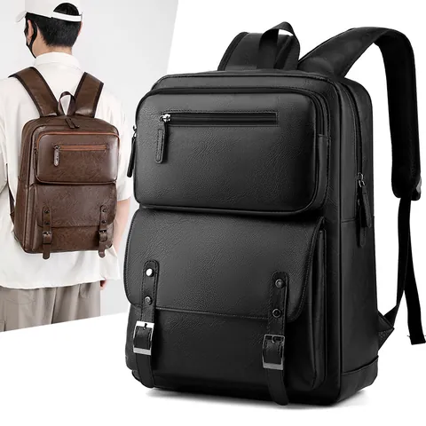 Men Business Travel Backpack PU Leather Large Capacity Waterproof Laptop Bag Urban Minimalist Casual Rucksack For Men