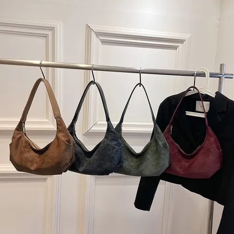 Borsa Hobo Vintage con Texture Scamosciata Opaca per Donna Minimalista con Cuciture a Contrasto Borsa Sottobraccio da Pendolare