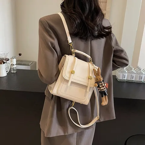 Mochila Mini de Cuero PU Vintage para Mujer Bolso de Mano Bandolera Con Colgante de Conejo Peluche Estilo Francés Retro