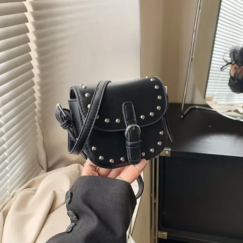 Women Fashion Mini Rivet Saddle Bag PU Leather Crossbody Shoulder Bag With Silver Studs Small Satchel Purse For Daily Use