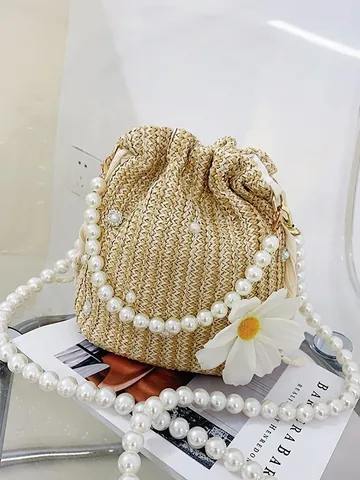 Damen Sommer Stroh Gewebte Beuteltasche Mit Künstliche Perlengriff Und Langer Künstliche Perlenkette Blumen Gänseblümchen Strand Urlaub Schultertasche Handtasche