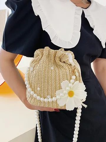 Damen Sommer Stroh Gewebte Beuteltasche Mit Künstliche Perlengriff Und Langer Künstliche Perlenkette Blumen Gänseblümchen Strand Urlaub Schultertasche Handtasche