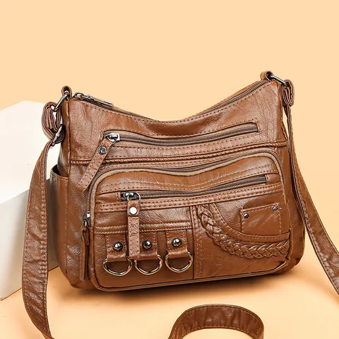 Damen Gewaschen PU Leder Umhängetasche Multi Reißverschluss Taschen Schultertasche Mit Geflochtenem Detail Metallringe Große Kapazität