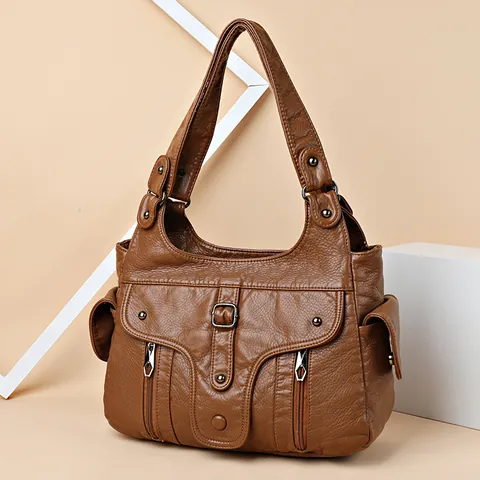 Grand Sac Fourre-Tout Vintage en Cuir PU Lavé pour Femmes Avec Multi-Poches et Décor de Rivets Sac à Main Bandoulière Décontracté pour Voyage et Travail