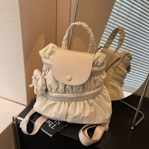Mochila de Nylon Fruncido para Mujer Bolso Escolar Plisado Casual Con Mini Estuche Color Sólido Moda Viaje Mochila para Dama