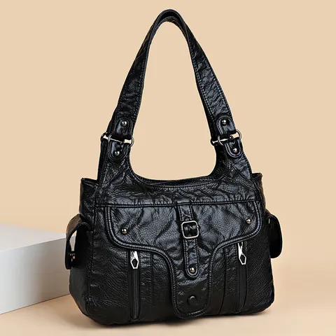 Grand Sac Fourre-Tout Vintage en Cuir PU Lavé pour Femmes Avec Multi-Poches et Décor de Rivets Sac à Main Bandoulière Décontracté pour Voyage et Travail