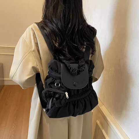 Mochila de Nylon Fruncido para Mujer Bolso Escolar Plisado Casual Con Mini Estuche Color Sólido Moda Viaje Mochila para Dama