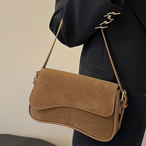 Damen Vintage Wildleder PU Leder Schultertasche Minimalistisch Asymmetrische Klappe Achsel Tasche Fashion Umhängetasche Alltag