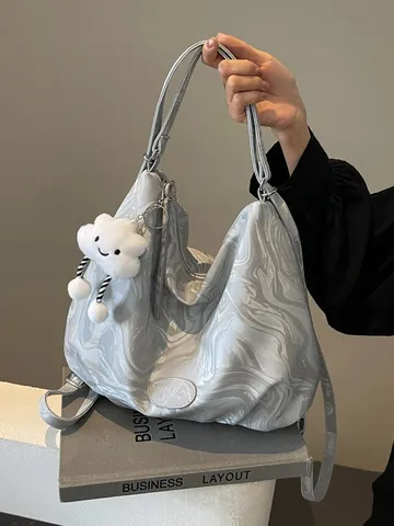 Large Capacity Marble Pattern PU Leather Shoulder Bag For Women Fashionable Tote Hobo Bag With Cloud Charm Commuting Bag