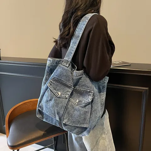 Damen Mode Denim Tote Bag Vintage Washed Große Kapazität Schulter Handtasche Doppelte Vordertaschen Casual Commuter Reisetasche