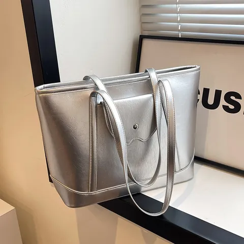 Women Large Capacity Tote Bag Glossy PU Leather Shoulder Bag With Front Pocket Simple Casual Underarm Bag For Daily Use