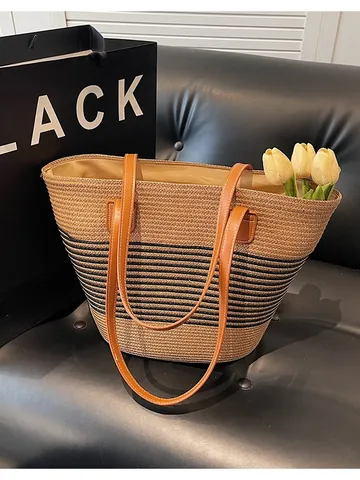 Women Woven Straw Tote Bag Large Capacity Beach Shoulder Bag For Summer Daily Travel Shopping Casual Minimalist Vintage Style