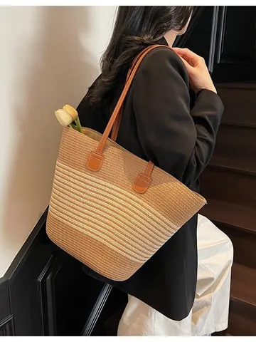 Women Woven Straw Tote Bag Large Capacity Beach Shoulder Bag For Summer Daily Travel Shopping Casual Minimalist Vintage Style