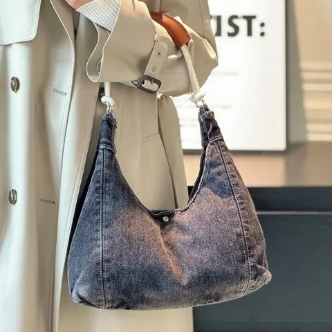 Women Casual Denim Hobo Bag Contrast Stitching Shoulder Bag With Cotton Rope Strap Large Capacity Retro Underarm Tote Daily Fashion Bag