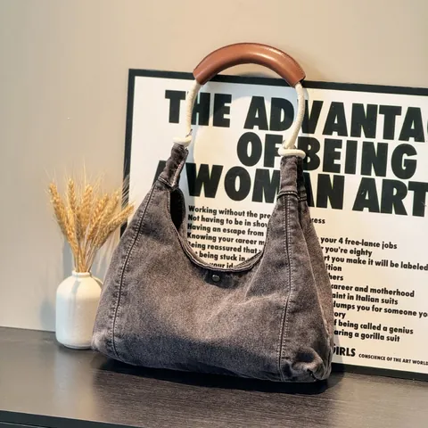 Women Casual Denim Hobo Bag Contrast Stitching Shoulder Bag With Cotton Rope Strap Large Capacity Retro Underarm Tote Daily Fashion Bag