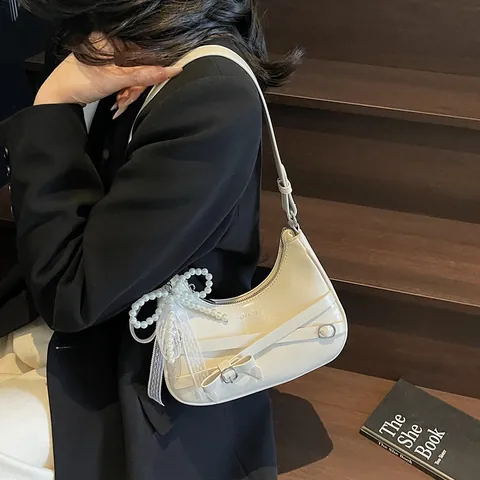 Damen Mode PU Leder Hobo Tasche Süße Schleife Künstliche Perle Spitze Dekoration Crescent Unterarm Schultertasche Chic Herz Anhänger Y2K Beutel