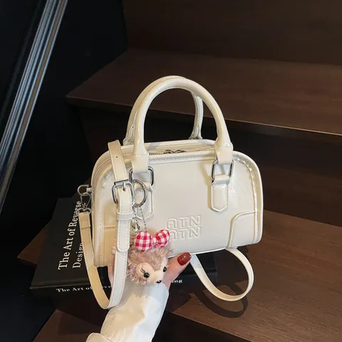 Fashion Women PU Leather Boston Crossbody Bag Embossed Letter Top Handle Handbag Versatile Small Square Shoulder Bag Purse
