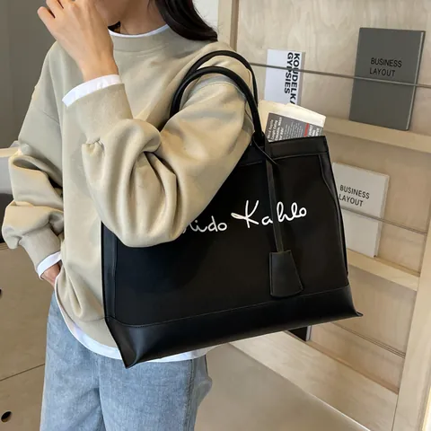 Retro Tote Bag Large Capacity Canvas Faux Leather Stitching Contrast Color Handbag For Women Work Commute Vintage Style