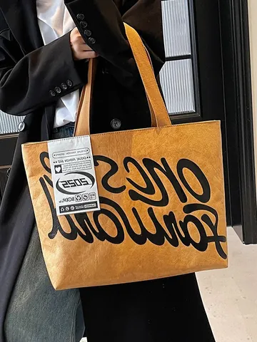Borsa Tote in Pelle PU a Grande Capacità Con Texture Carta DuPont Stampa di Lettere Borsa a Tracolla da Donna Casual Pendolare
