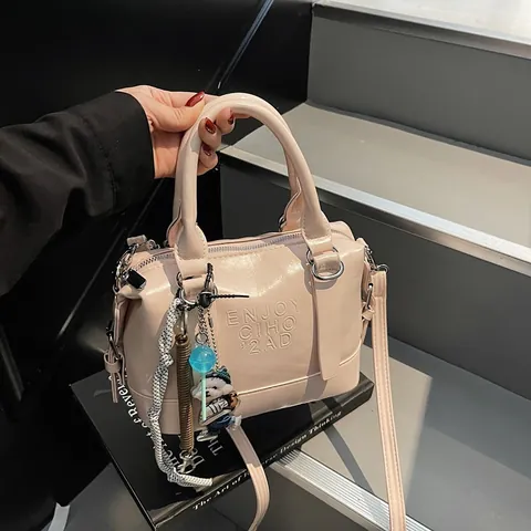 Bolso de Mano Boston de Cuero PU con Relieve de Color Sólido para Mujer Bolso Bandolera Elegante Simple con Correa de Hombro Ajustable Bolso de Mano Diario