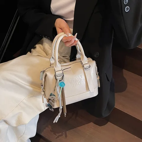 Bolso de Mano Boston de Cuero PU con Relieve de Color Sólido para Mujer Bolso Bandolera Elegante Simple con Correa de Hombro Ajustable Bolso de Mano Diario