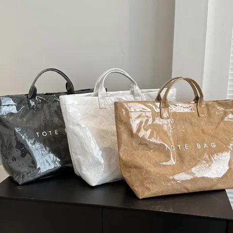 Bolso Tote Vintage de Papel Dupont para Mujer Gran Capacidad Impermeable Recubierto de PVC Papel Kraft Bolso de Mano Moda Estampado Letras