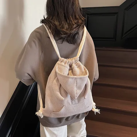Women Waffle Fabric Drawstring Backpack Hoodie Style Creative Bag With Kangaroo Pocket And Animal Ears For Daily Travel