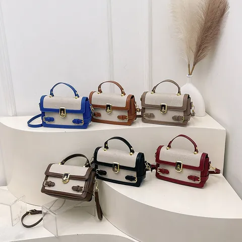 Vintage Women Color-Block Canvas PU Leather Shoulder Bag With Gold Lock Buckle Fashion Crossbody Handbag Square Bag