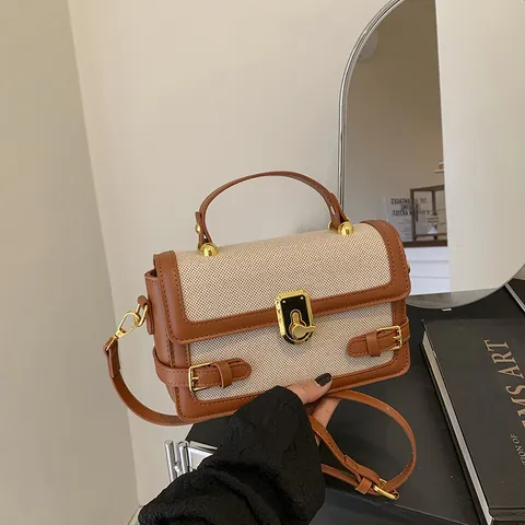 Vintage Women Color-Block Canvas PU Leather Shoulder Bag With Gold Lock Buckle Fashion Crossbody Handbag Square Bag