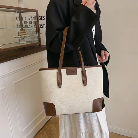 Bolso de Mano de Gran Capacidad para Mujer Cuero de PU Patrón de Lichi Color de Contraste Bolso de Hombro Vintage Diario y Compras